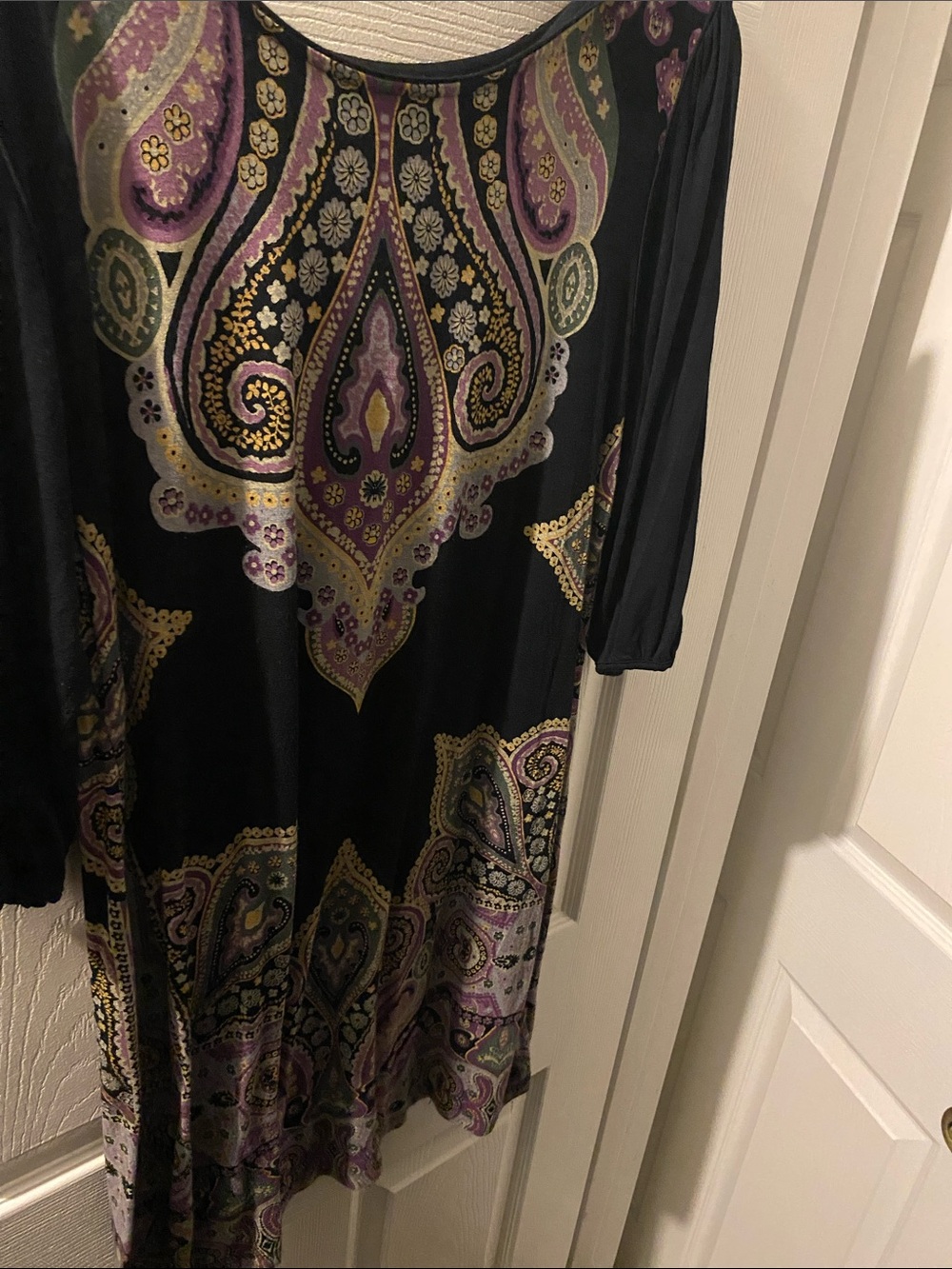 cha cha vente Black Long-Sleeve Paisley Dress with Purple and Gold Accents